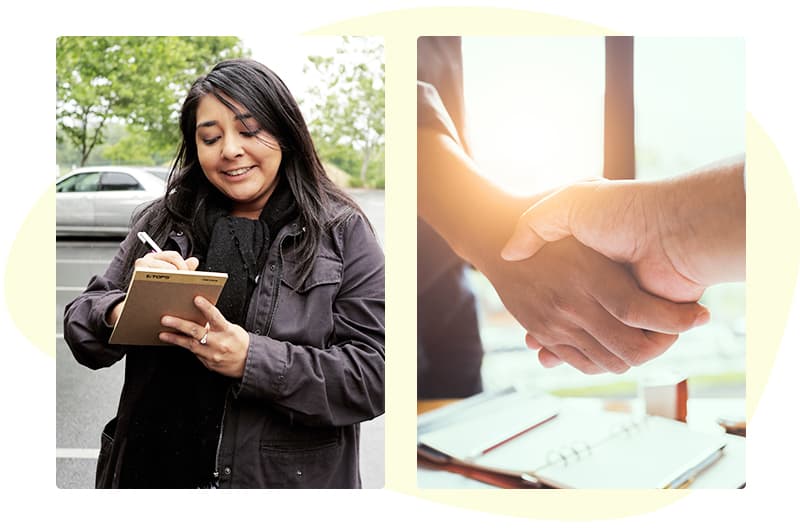 woman taking notes next to a close up of shaking hands